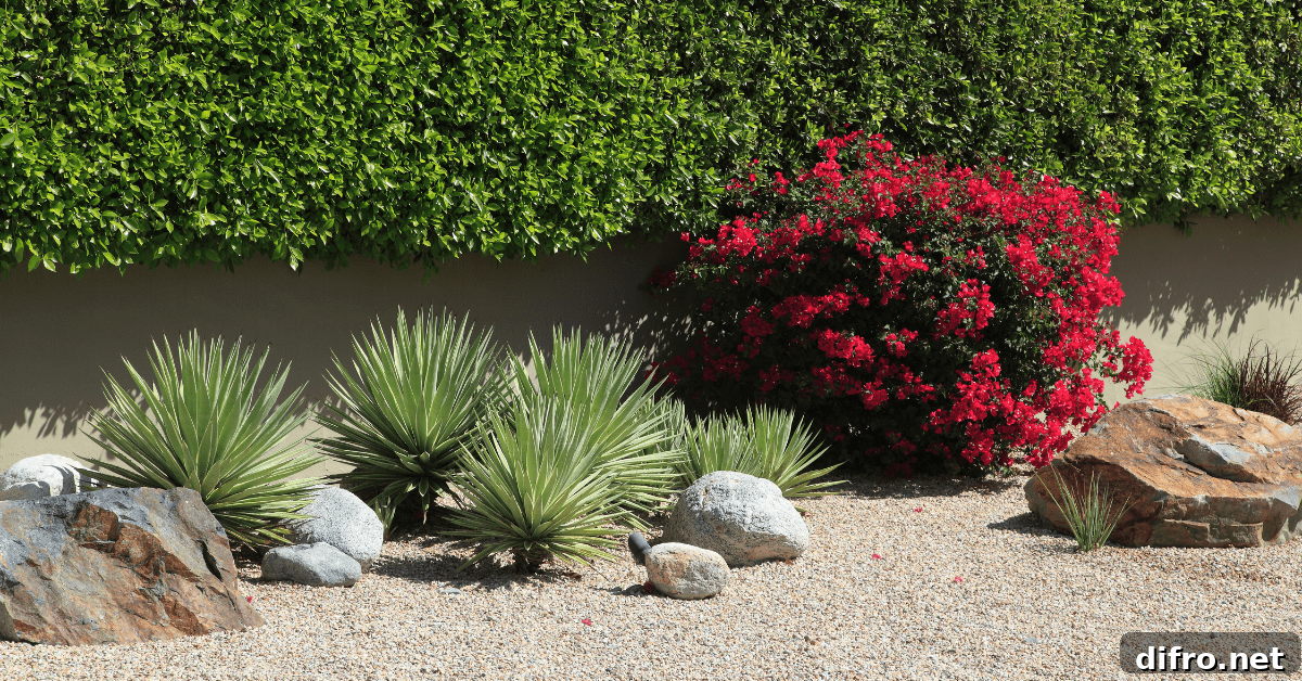 Xeriscaping plants and rocks.