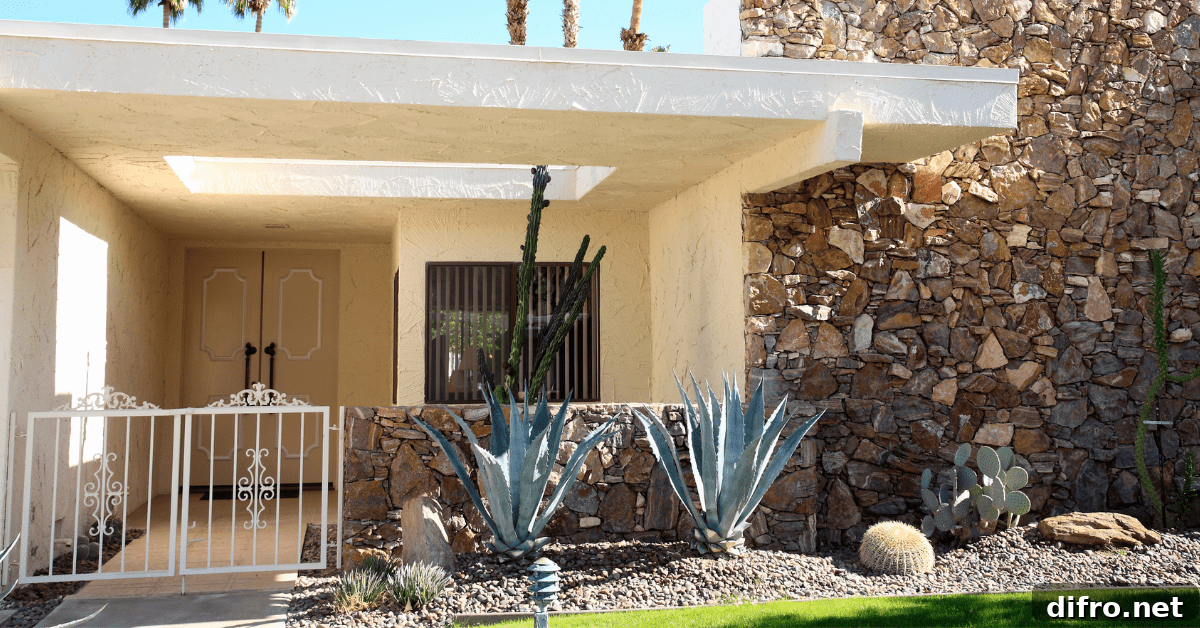 A desert home with xeriscaping front yard.