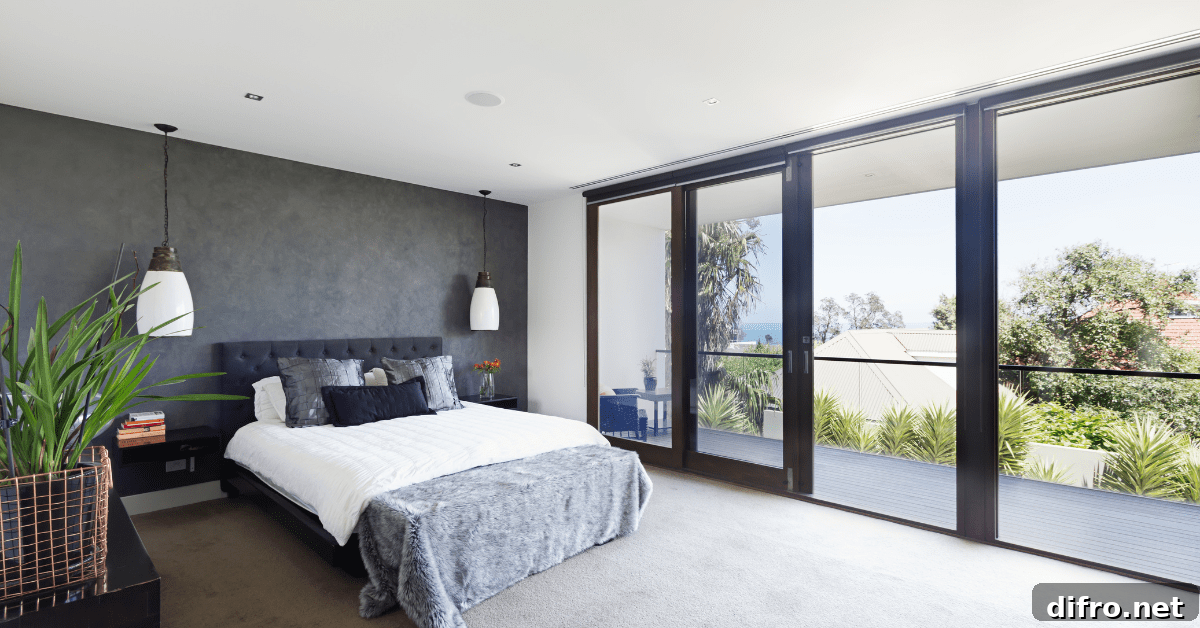A luxurious master bedroom with black and white accents.