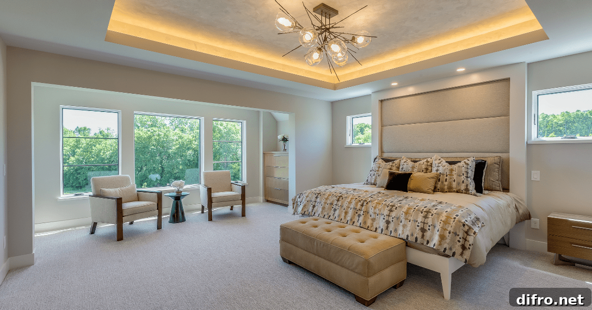 Large master bedroom with great overhead lighting fixture.