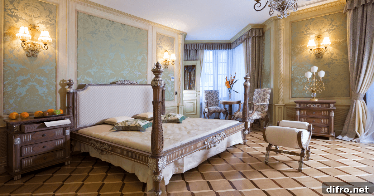 A large bed in a big master bedroom.