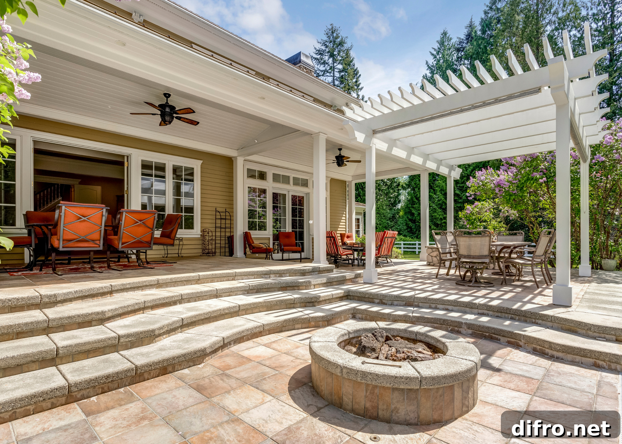 large deck with stairs and patio furniture