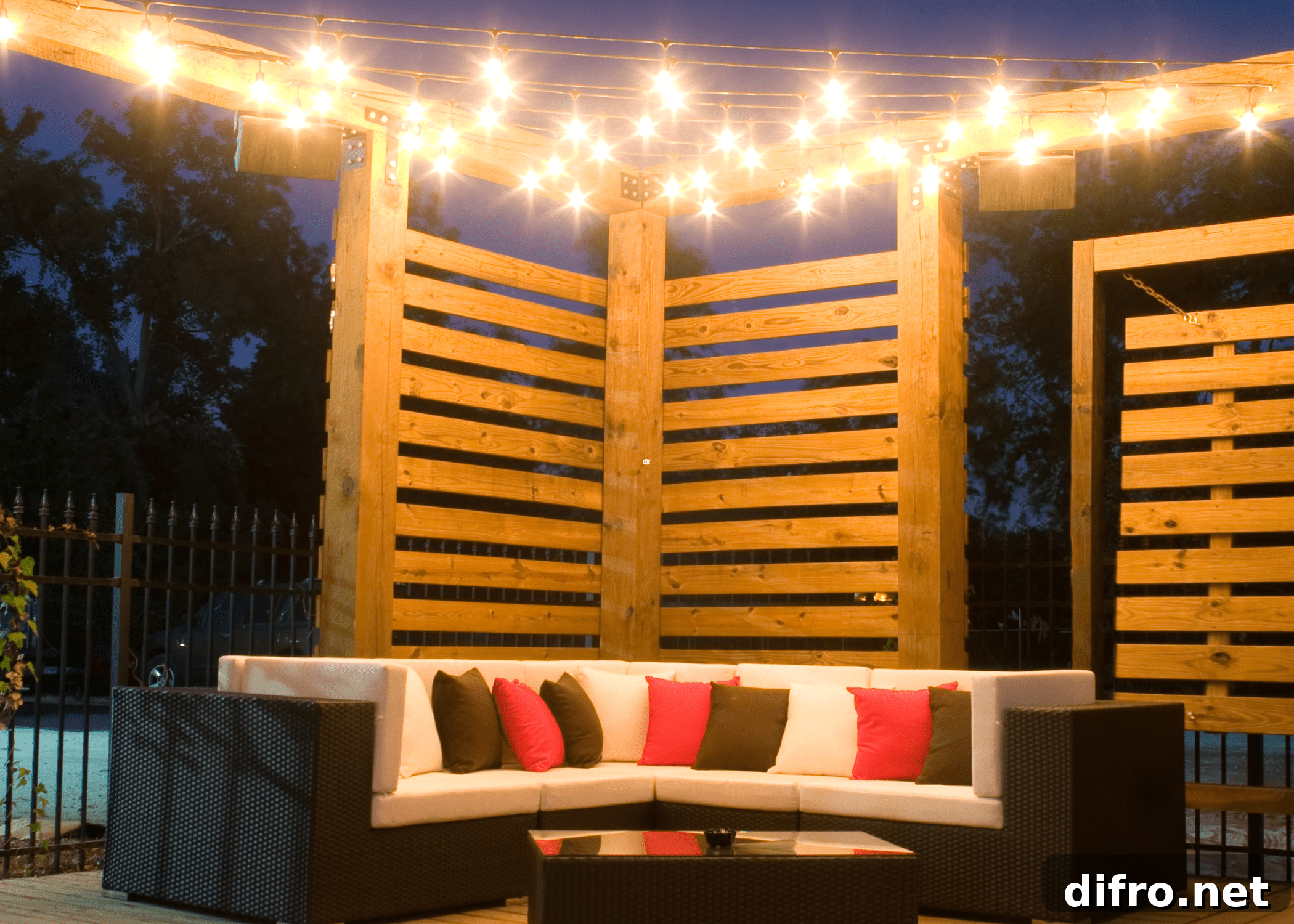 deck at night time with light up string lights