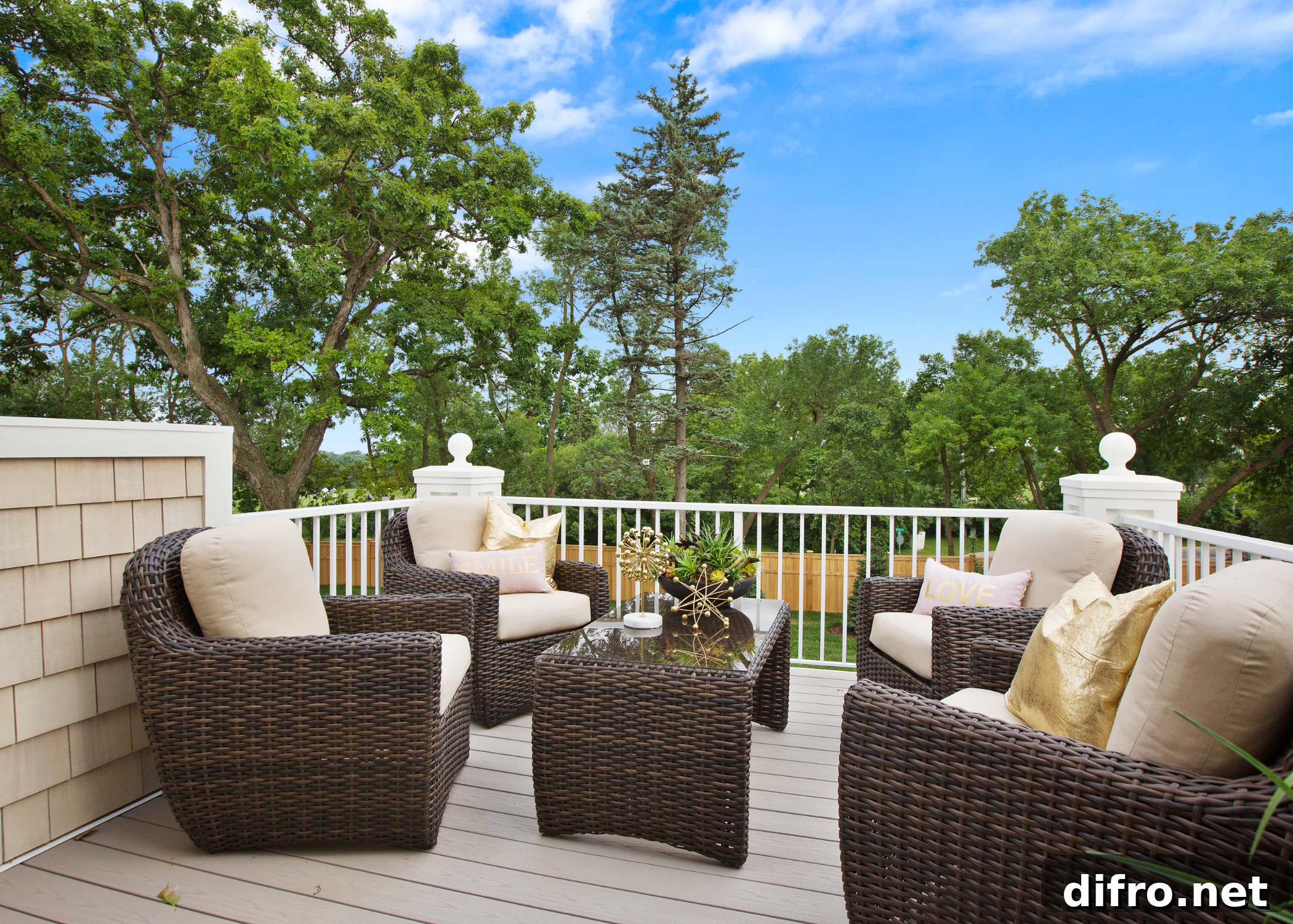 large patio with wicker patio furniture