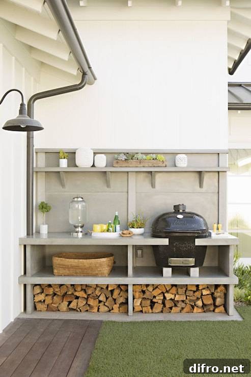 Patio features gray built-in shelving housing BBQ and nook to hold cut firewood.