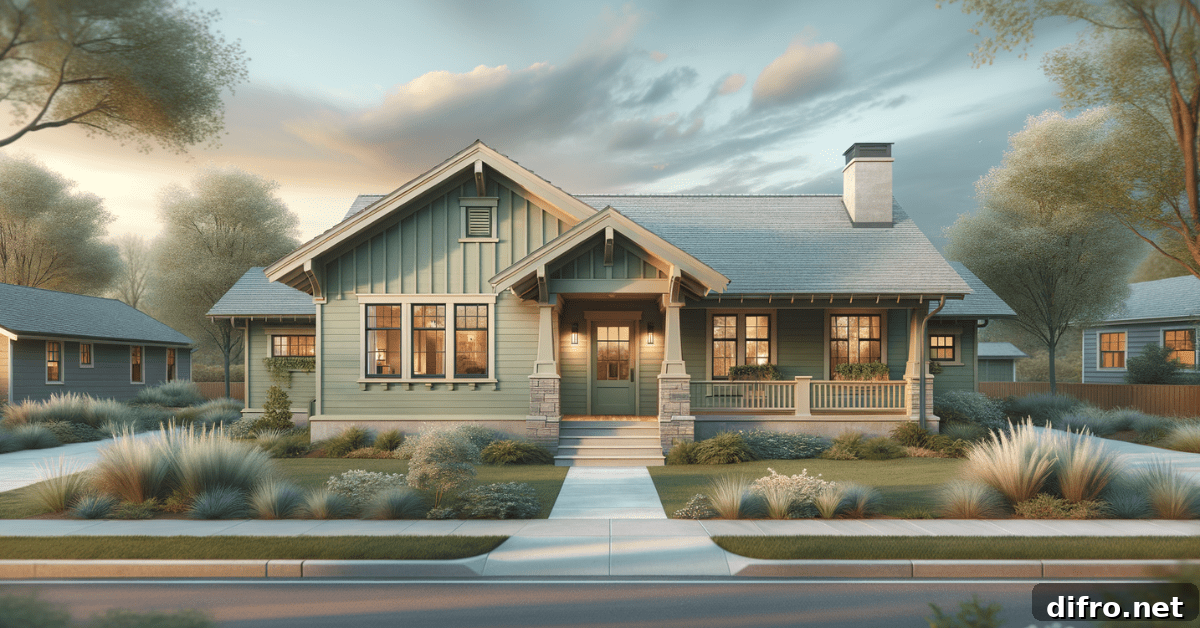 Earthy olive colored ranch style house exterior.