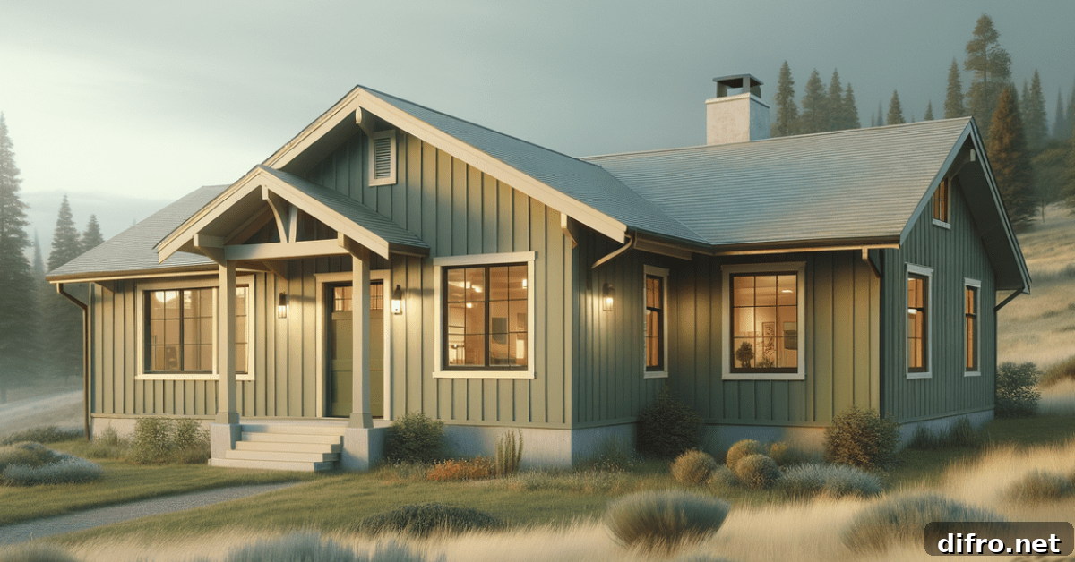 Sage green ranch style home with white chimney.