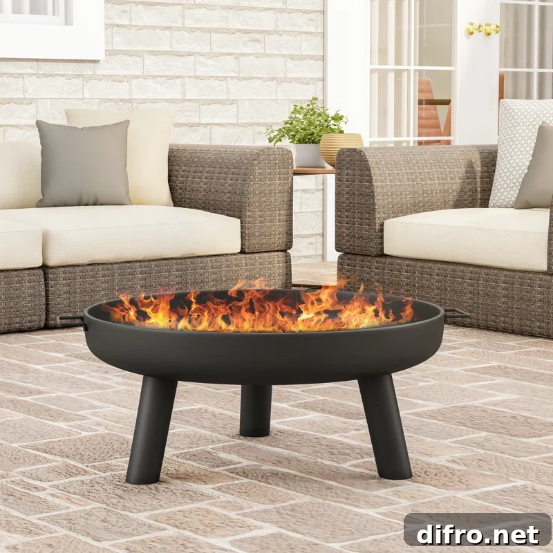 Shallow modern fire pit on a patio