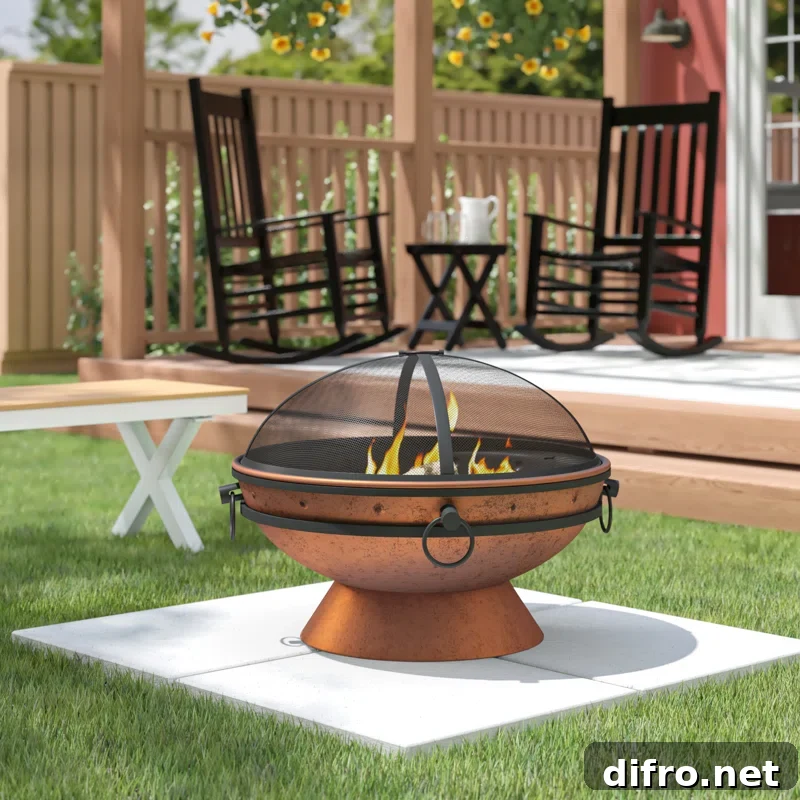 Copper fire pit in a backyard setting