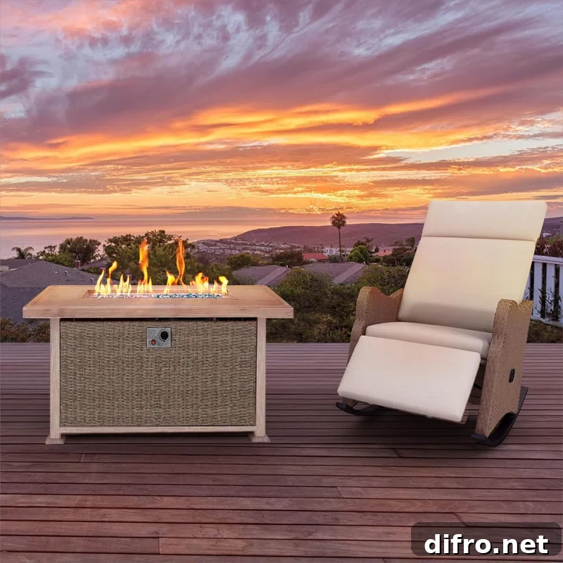 Wicker base fire table next to patio chair