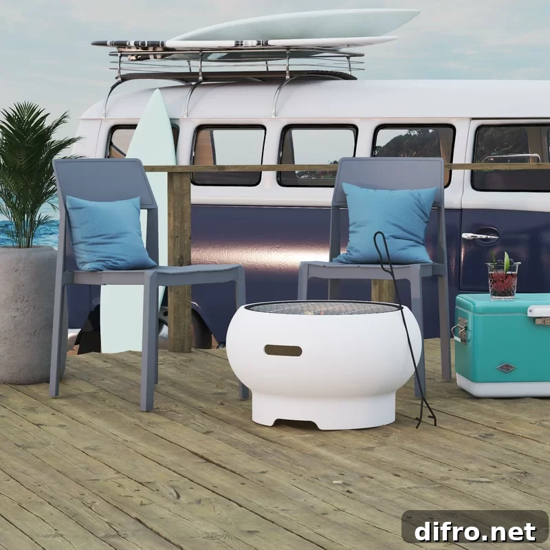 Curved modern fire pit on a beachside patio