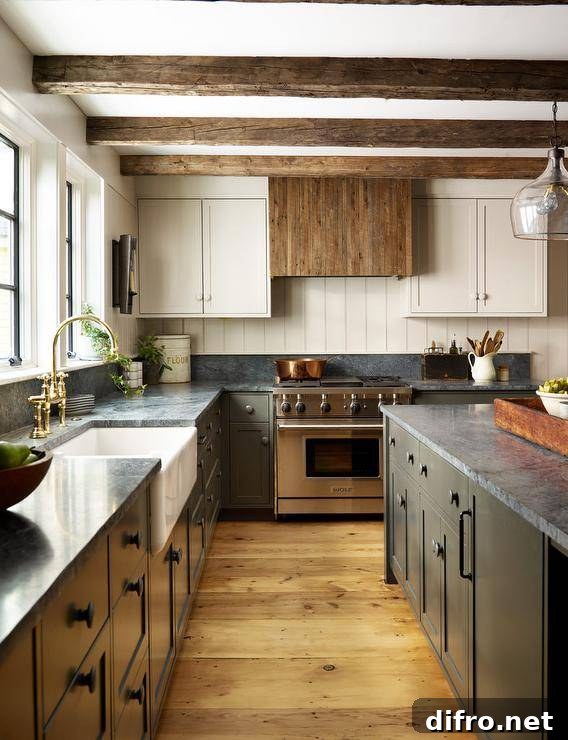 Kitchen with reclaimed wood hood, two tone cabinets topped with gray marble and an apron sink.