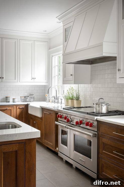 White upper cabinets with brown lower cabinets creating a two-toned transitional kitchen.