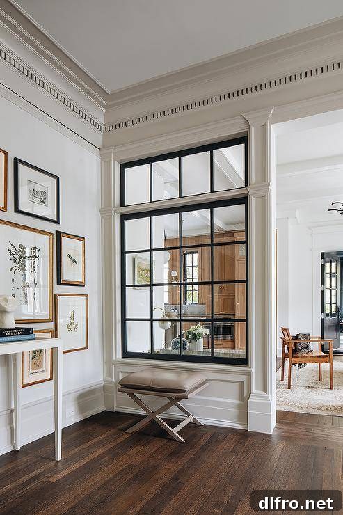 Interior transom windows above interior openings with crown molding.