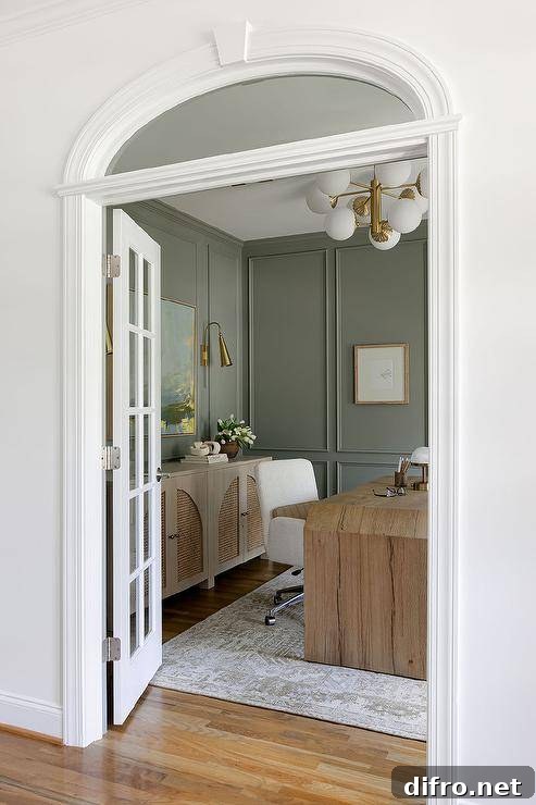 White French doors under an arched transom window open to a styled home office.