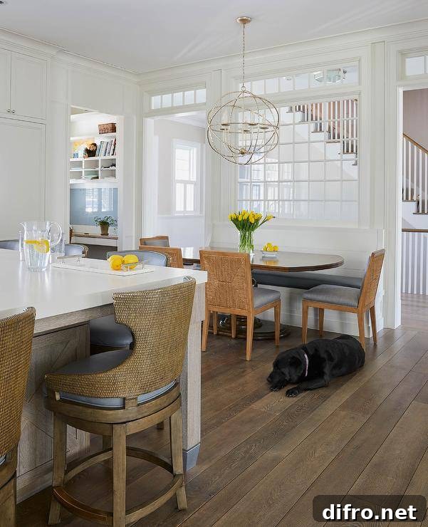 A dining nook with an indoor window beneath a transom window.