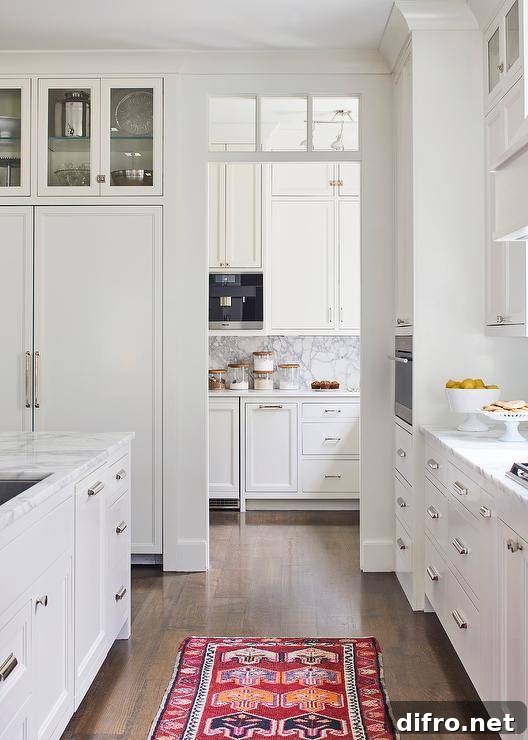 Colorful kitchen runner leads to a butler's pantry with a transom window and white cabinets.