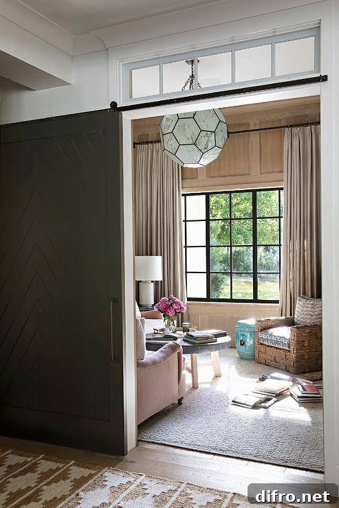 A black chevron door on rails positioned under transom windows opens to a welcoming family room.