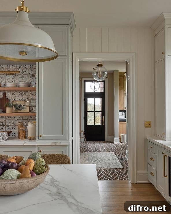 Red brick herringbone pavers lead to a black mudroom door finished with glass panels beneath a transom window.