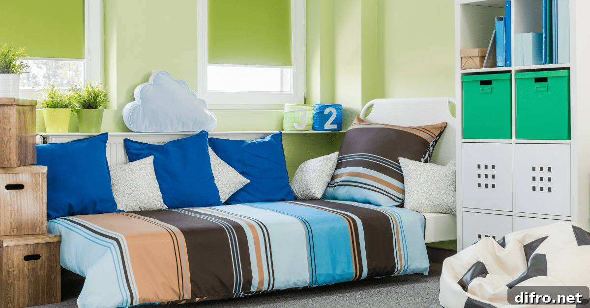 A colorful boys bedroom that's small.