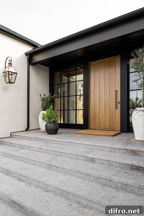 A welcome mat sits in front of a beige wood front door flanked by windows.