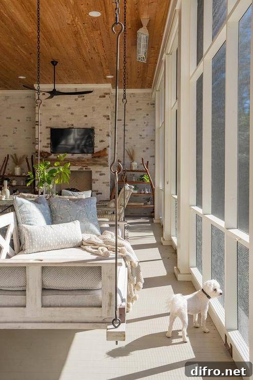 Whitewashed wooden swing sofa with pale blue pillows in a sunroom