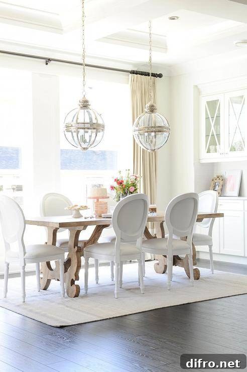Dining space with white round back chairs, coffered ceiling and built-in cabinets.
