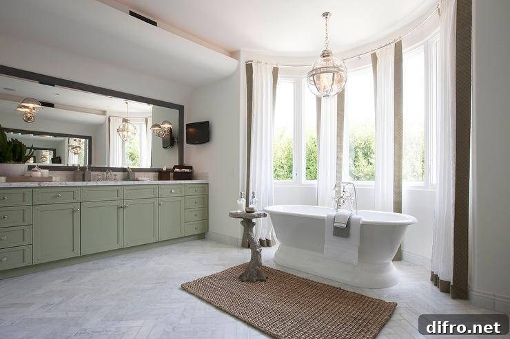 Bathroom featuring a long green washstand, marble floor and roll-top bathtub beneath a pendant light.