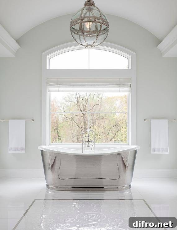Master bathroom with a cast iron bathtub at a picture window and elegant floor tiles.