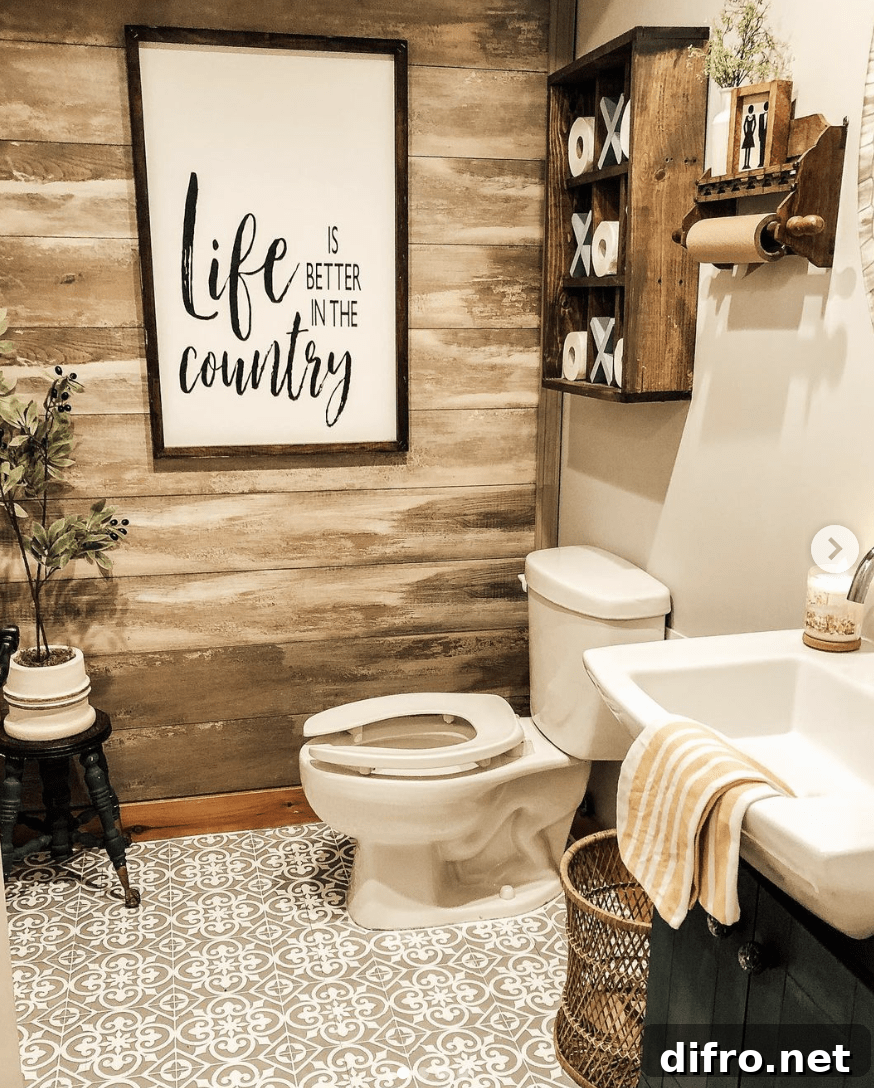 country chic farmhouse bathroom life is better in the country sign toilet painted stencil floor vanity sink tic tac toe toilet paper holder