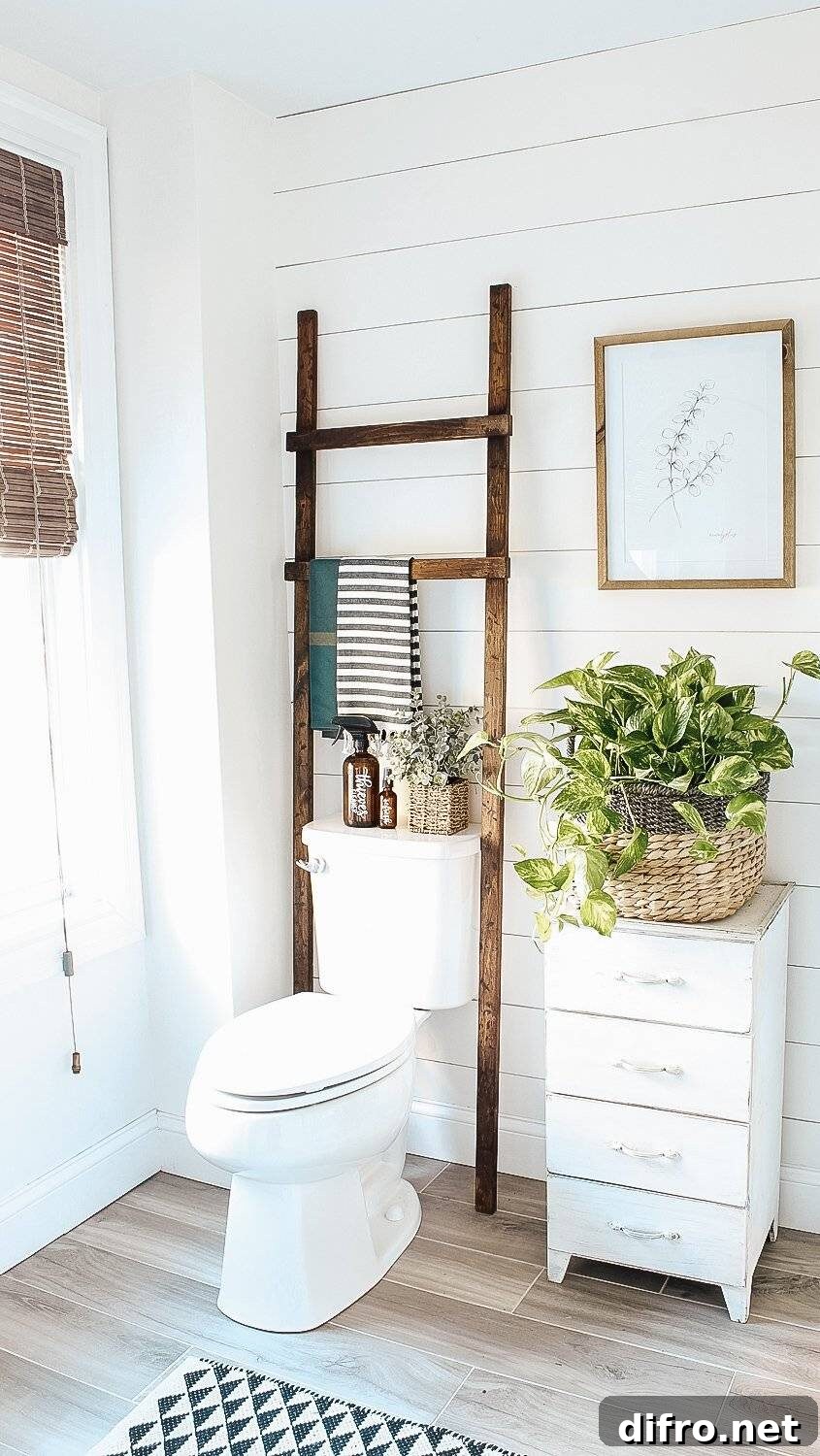 white shiplap wall bathroom ladder over toilet white four drawer shelf with potted plant