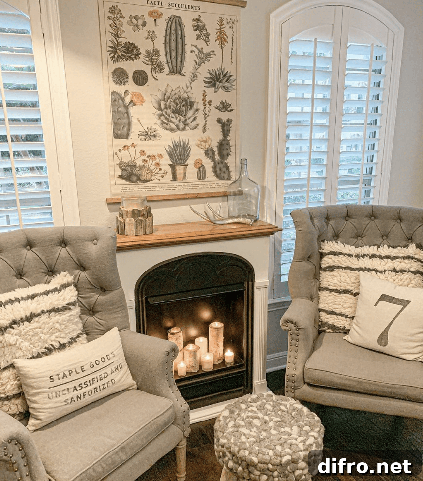 White room with small fireplace and gray chairs