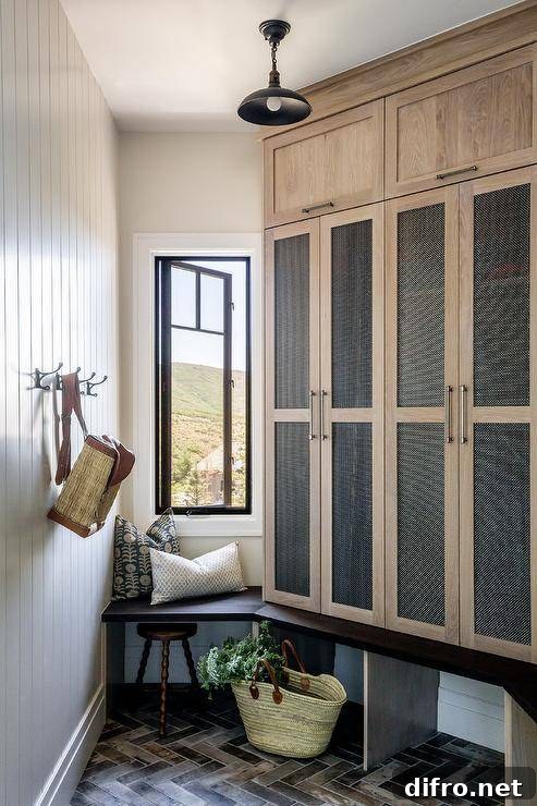 Cabin-style mudroom with built-in bench and natural light
