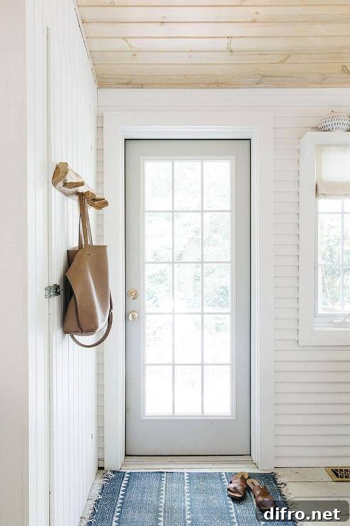 Entryway with blue vintage rug and light-filled doorway