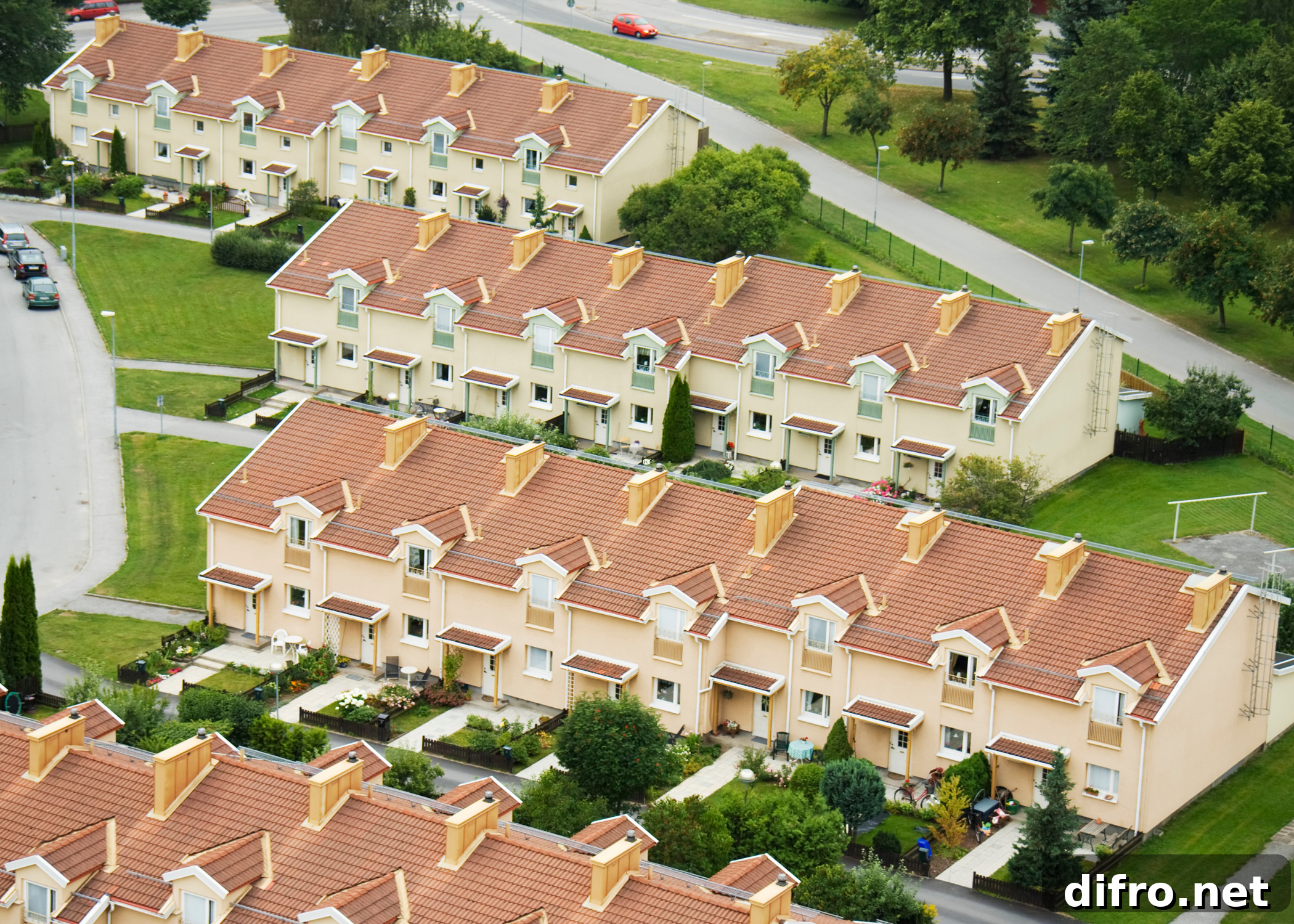 Row Houses Explained: History, Design, and Urban Appeal 6 Ariel view of rowhouses