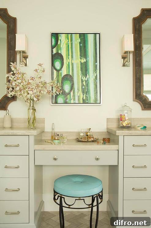 A green art piece hangs over a light gray drop-down makeup vanity fixed between light gray washstands and topped with a taupe stone countertop seating a turquoise stool.