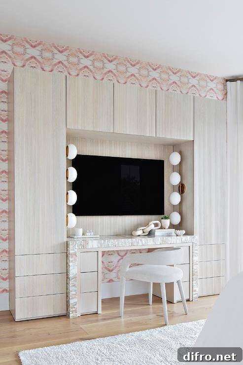 A white sleek vanity chair sits at a pink and gray marble waterfall edge makeup vanity fixed against a reeded backsplash beneath a flat panel TV.