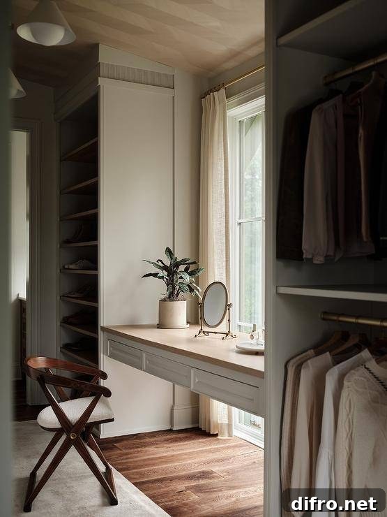 A white floating makeup vanity with a wooden countertop is fixed in a walk-in closet in front of a window and between stacked clothing rails and built-in gray shoe shelves.