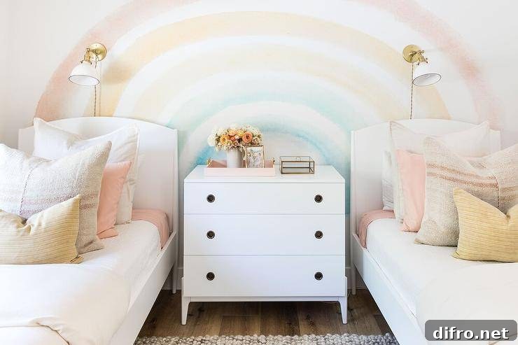 Adorable girl's room features white twin beds on a rainbow painted accent wall with a white dresser as nightstand.