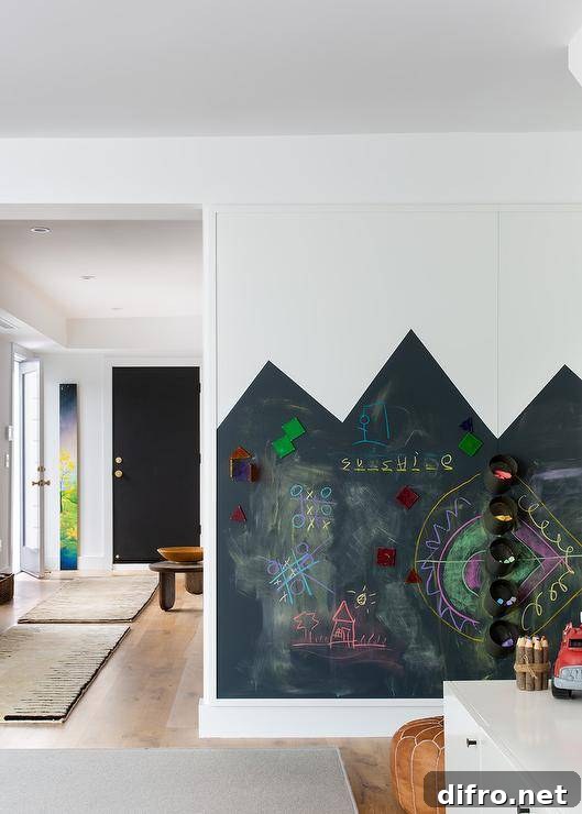 Kids' homework room boasts a black chalkboard wall.