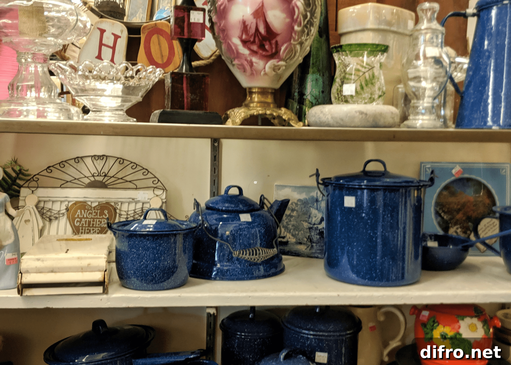 vintage thrift items on store shelf.