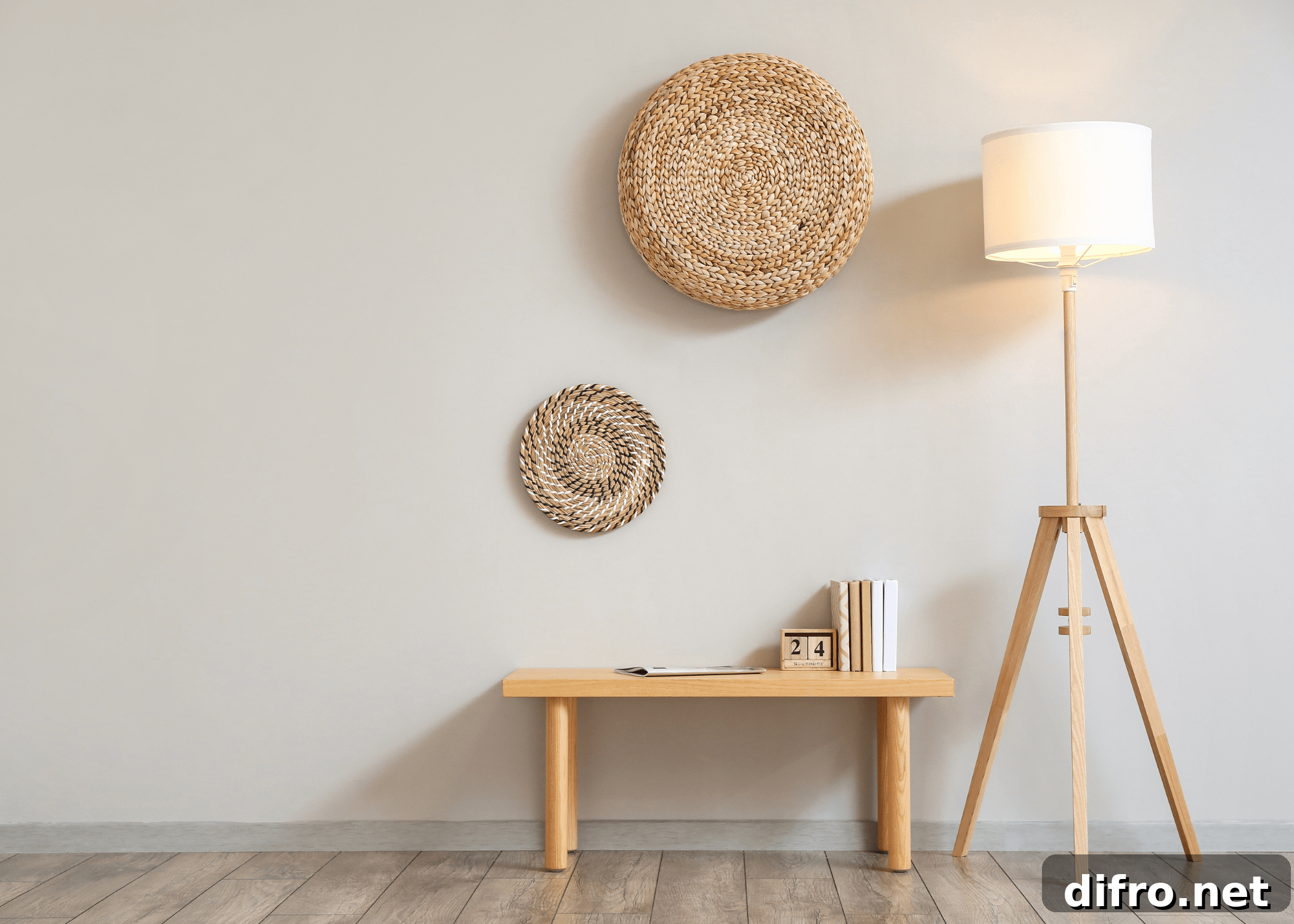 minimalist room with bench and lamp