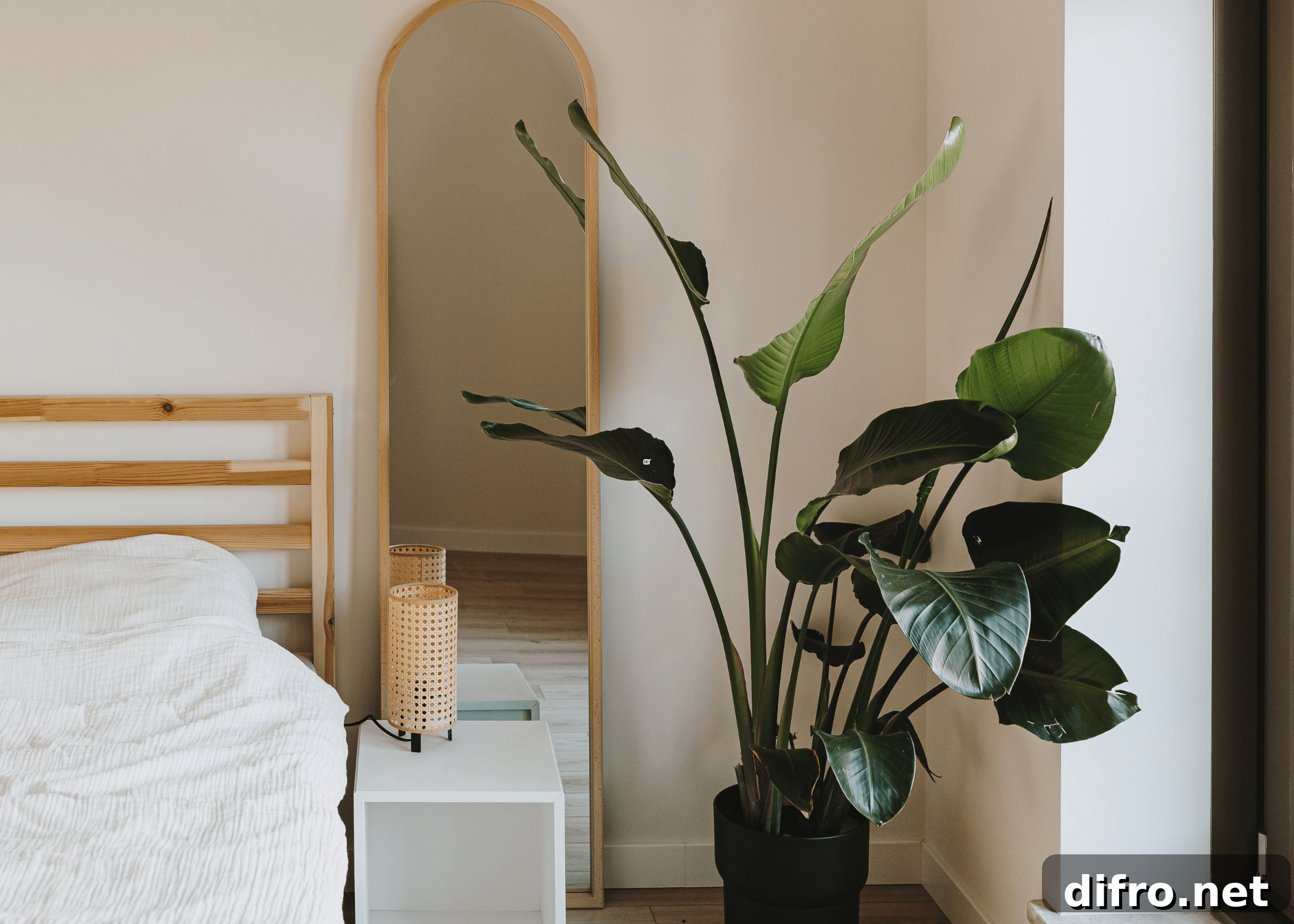 boho chic room with large plant bed and large arch mirror
