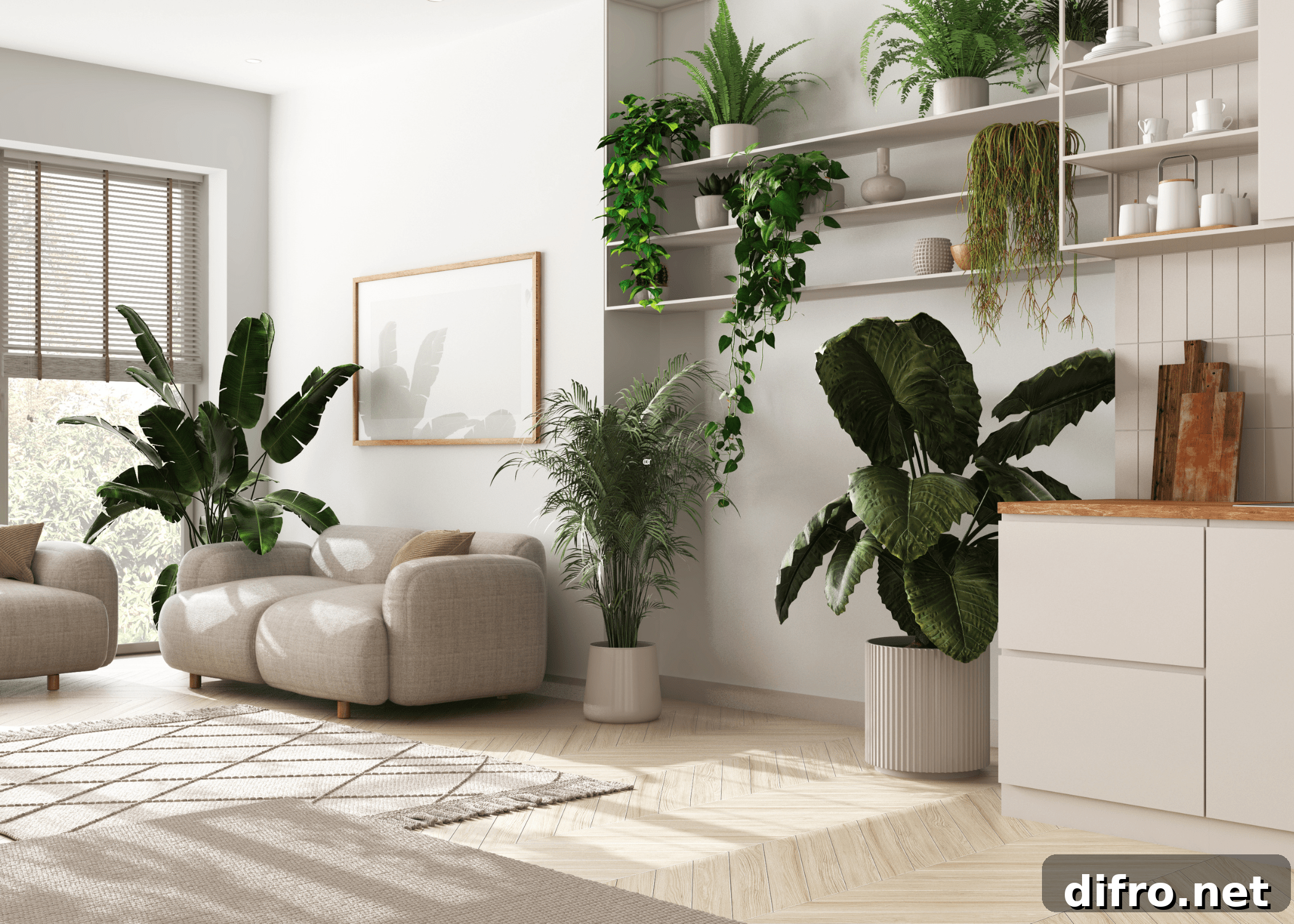 living area with greenery and tons of plants