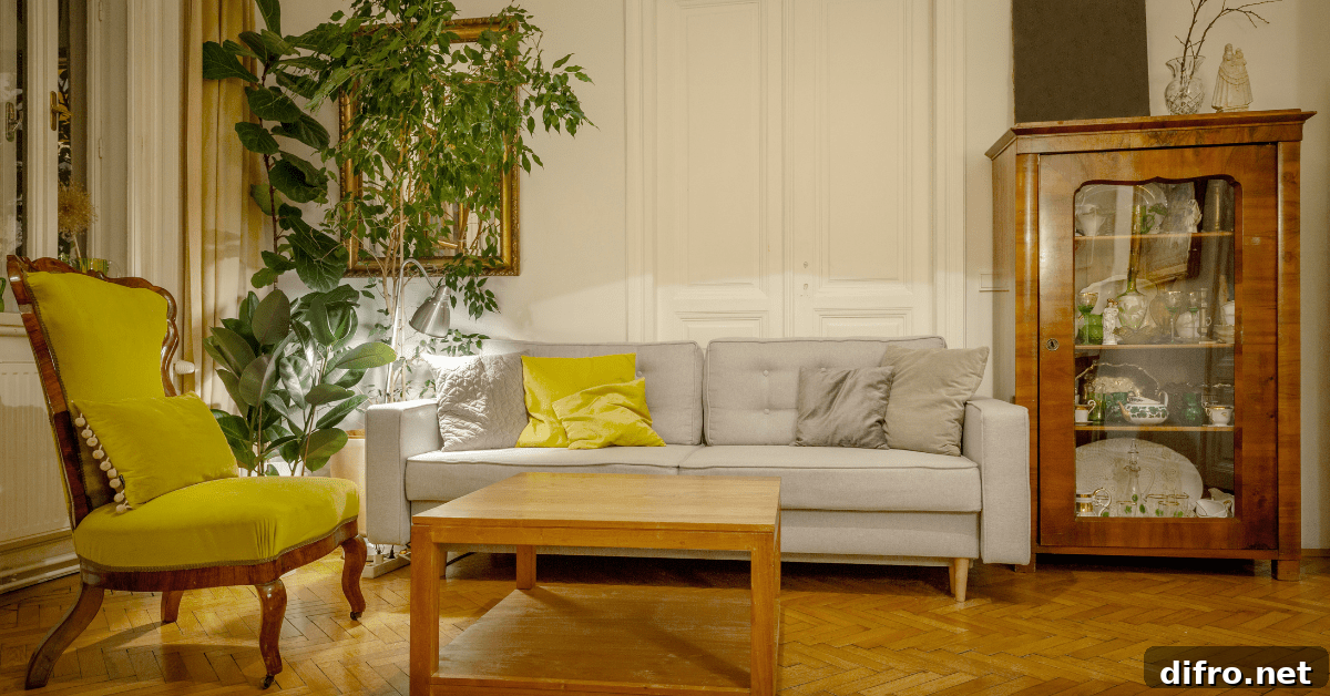 A Grandmillennial style living room with a white couch.