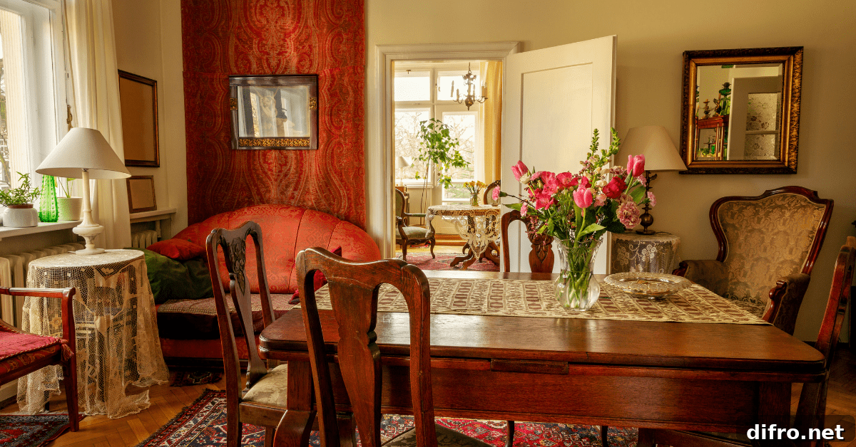 A Grandmillennial style dinning room.