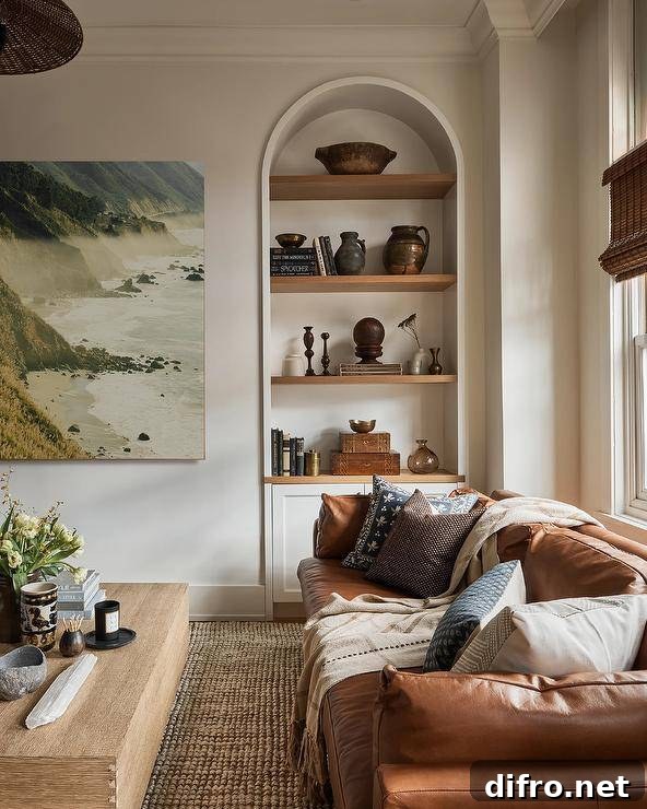 Living space features a brown leather couch on a tan jute rug, an asymmetrical coffee table and an arched niche bookshelf.