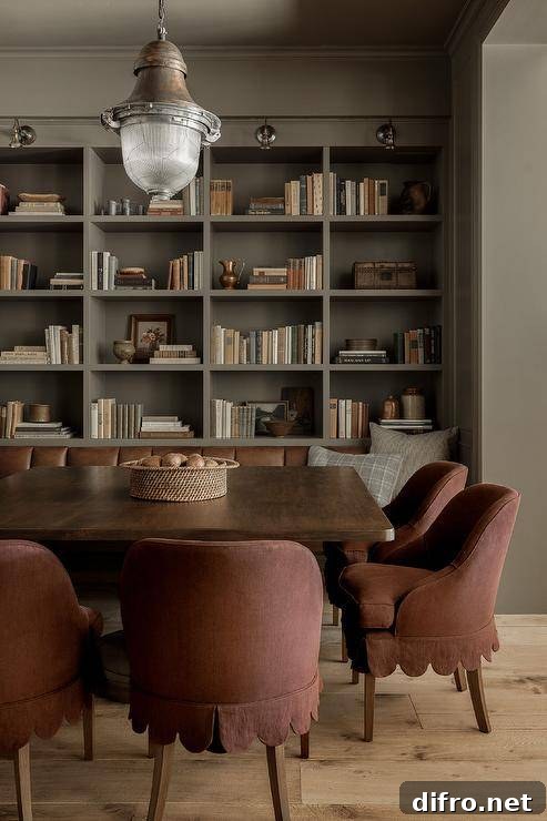Red scalloped slipcovered dining chairs sit around a brown wooden dining table lit by a vintage lantern hung from a gray painted ceiling and placed on a wide plank wood floor in front of gray bookshelves built into a gray wall.