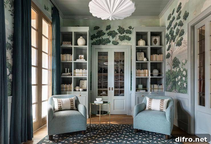 Blue built-in bookshelves with brass trim flanking double doors.