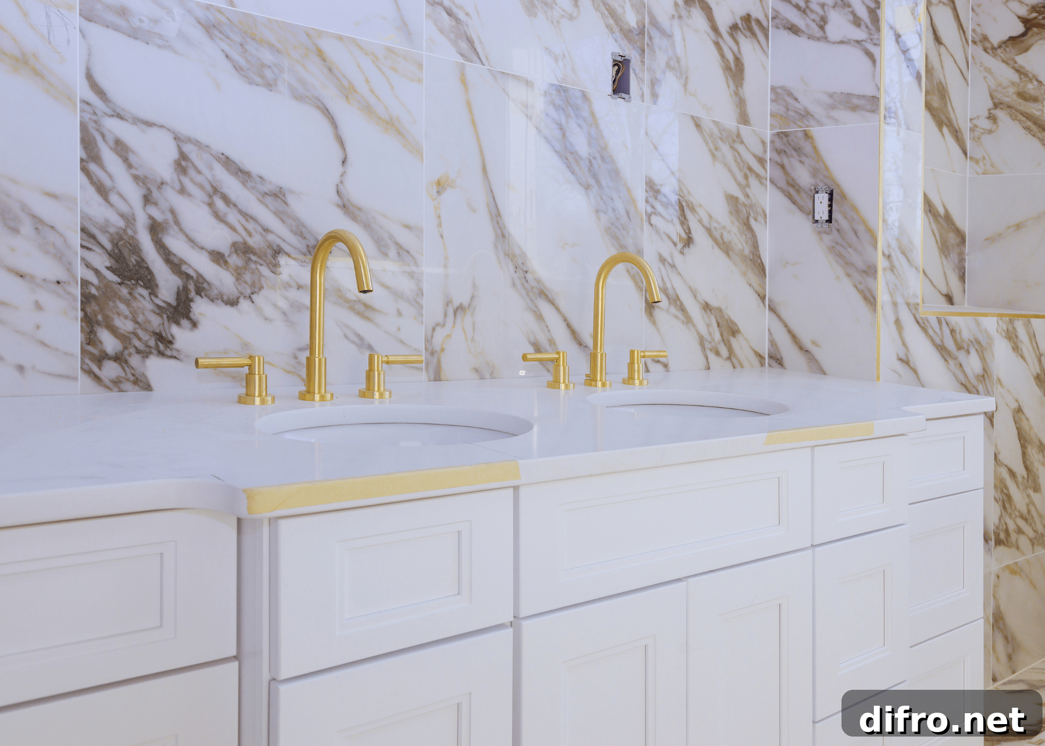 How to Choose Bathroom Countertops: Expert Tips and Materials 3 white bathroom countertop with gold faucets and marble backsplash
